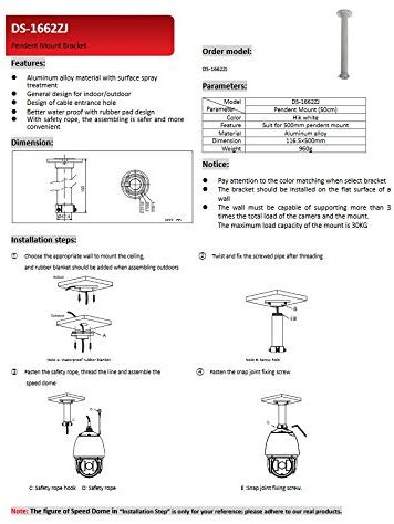 DS-1662ZJ Indoor/Outdoor Long Pendent Ceiling Mount Bracket for Most Hikvision PTZ Camera DS-2DE5184-AE