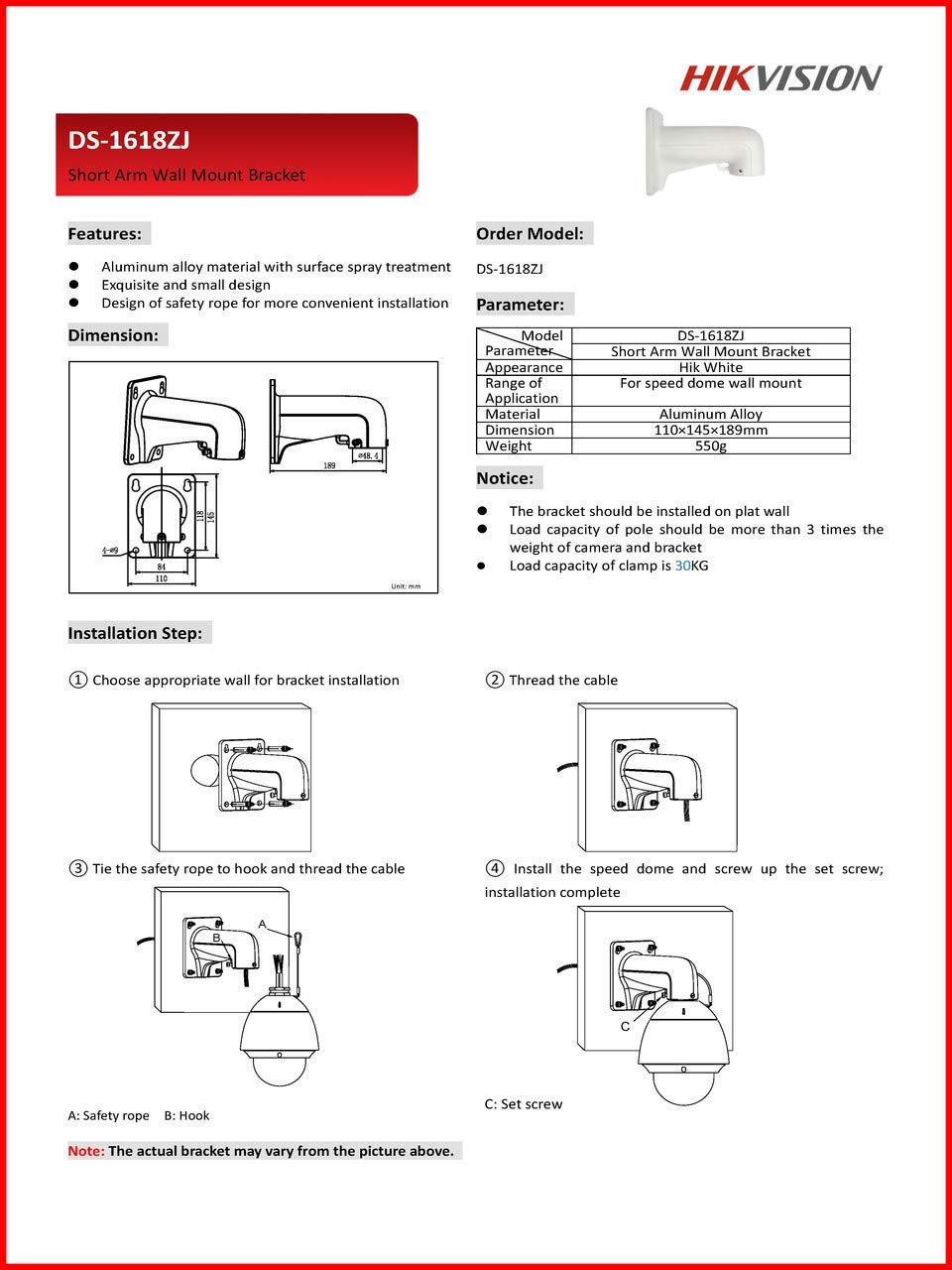 DS-1618ZJ Short Arm Indoor/Outdoor Wall Mount Bracket for Most Hikvision PTZ DS-2DE5184-AE