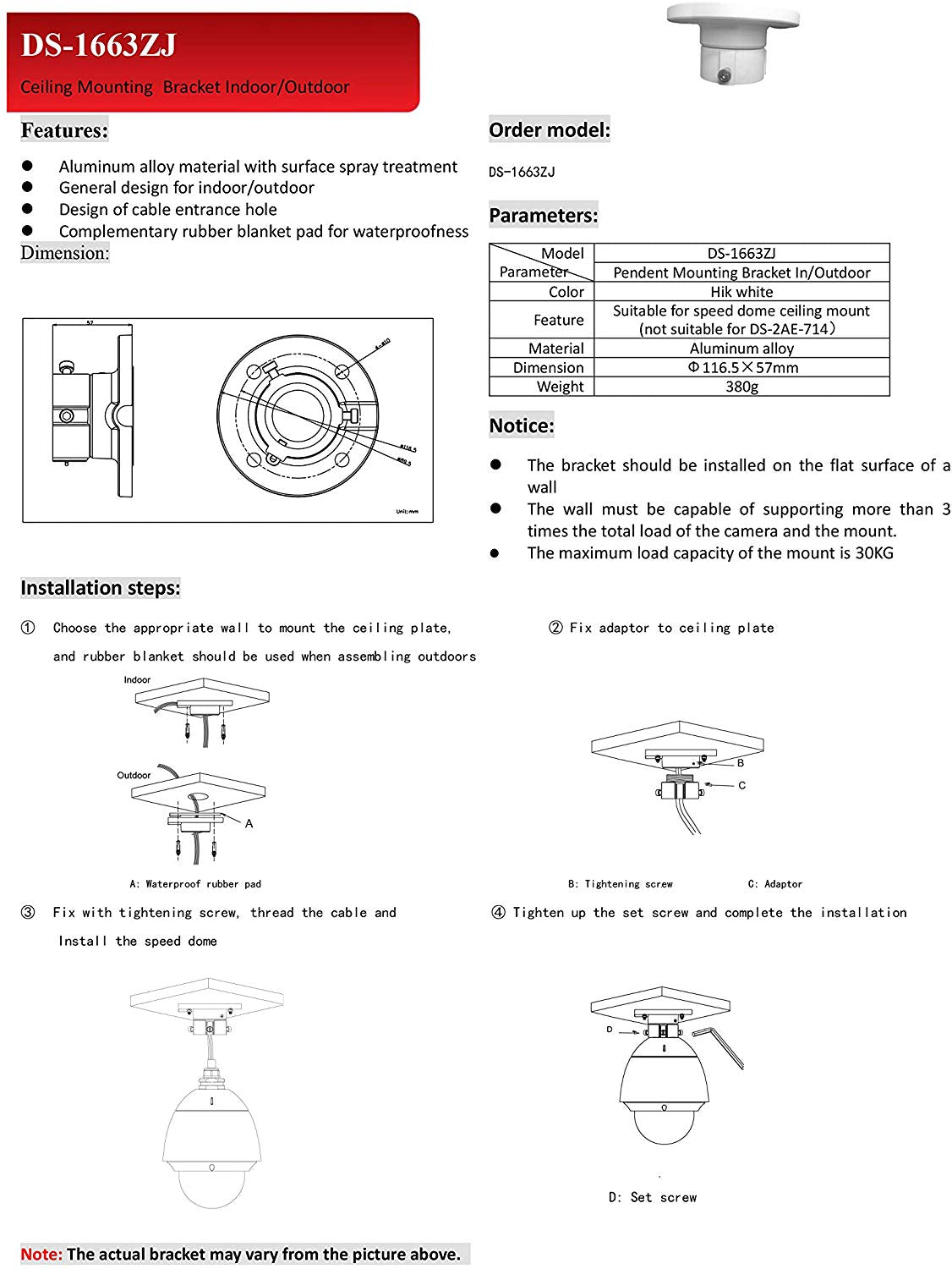 DS-1663ZJ Indoor/Outdoor Ceiling Mount Bracket for Most Hikvision PTZ Camera DS-2DE5184-AE