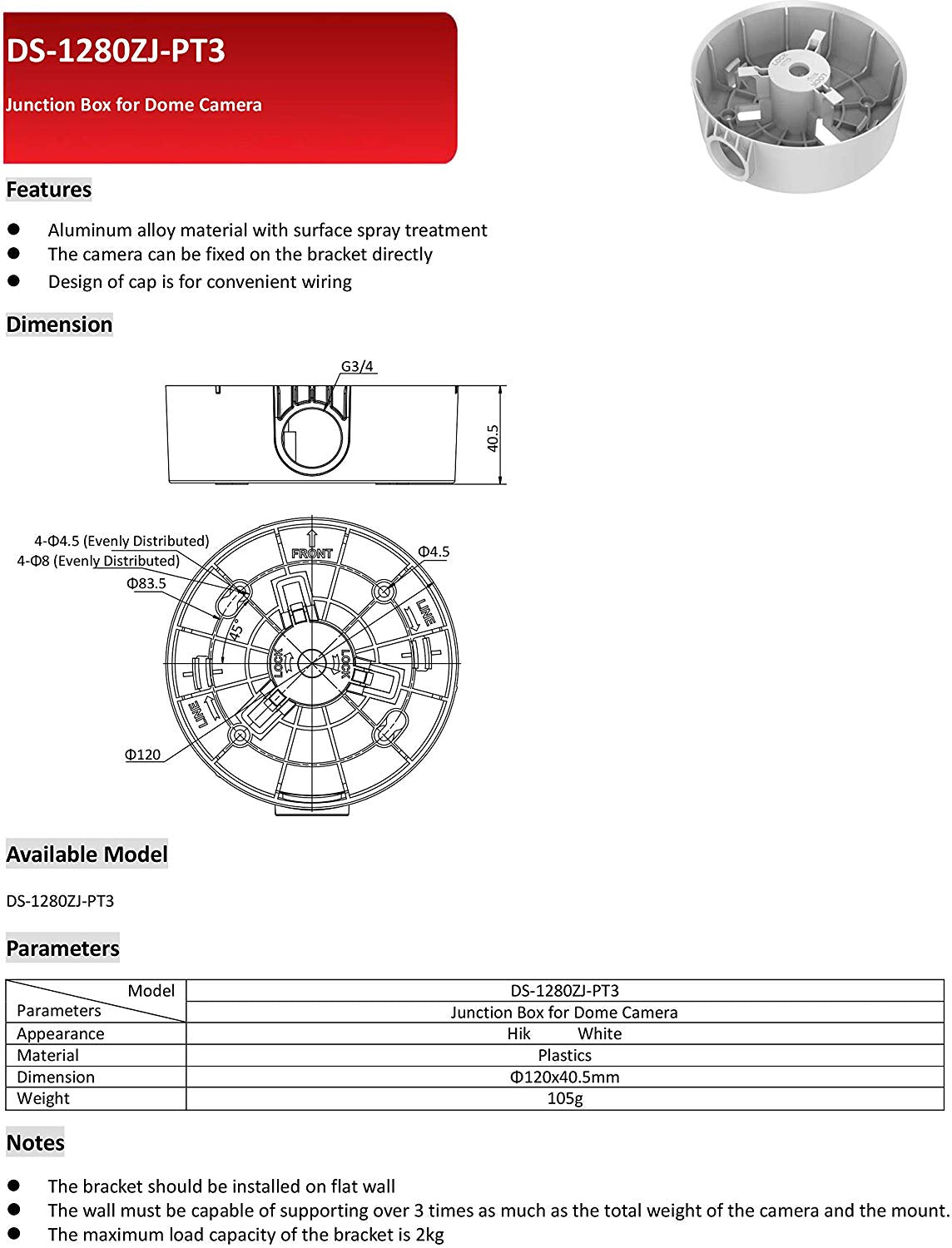 DS-1280ZJ-PT3 Camera Mount Junction Box for Most Hikvision PTZ DS-2DE5184-AE