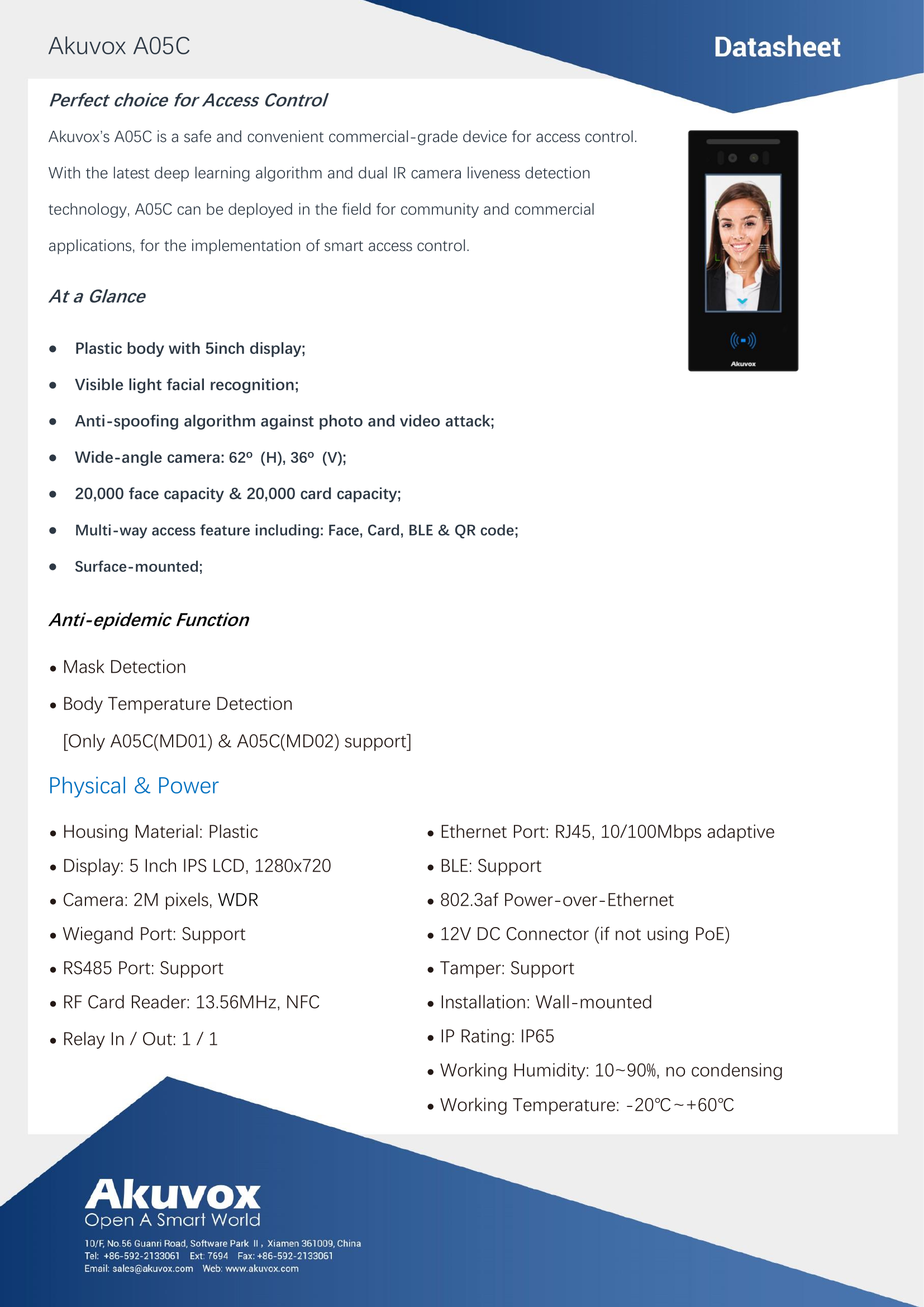 Akuvox‑A05 Bluetooth Face Reader