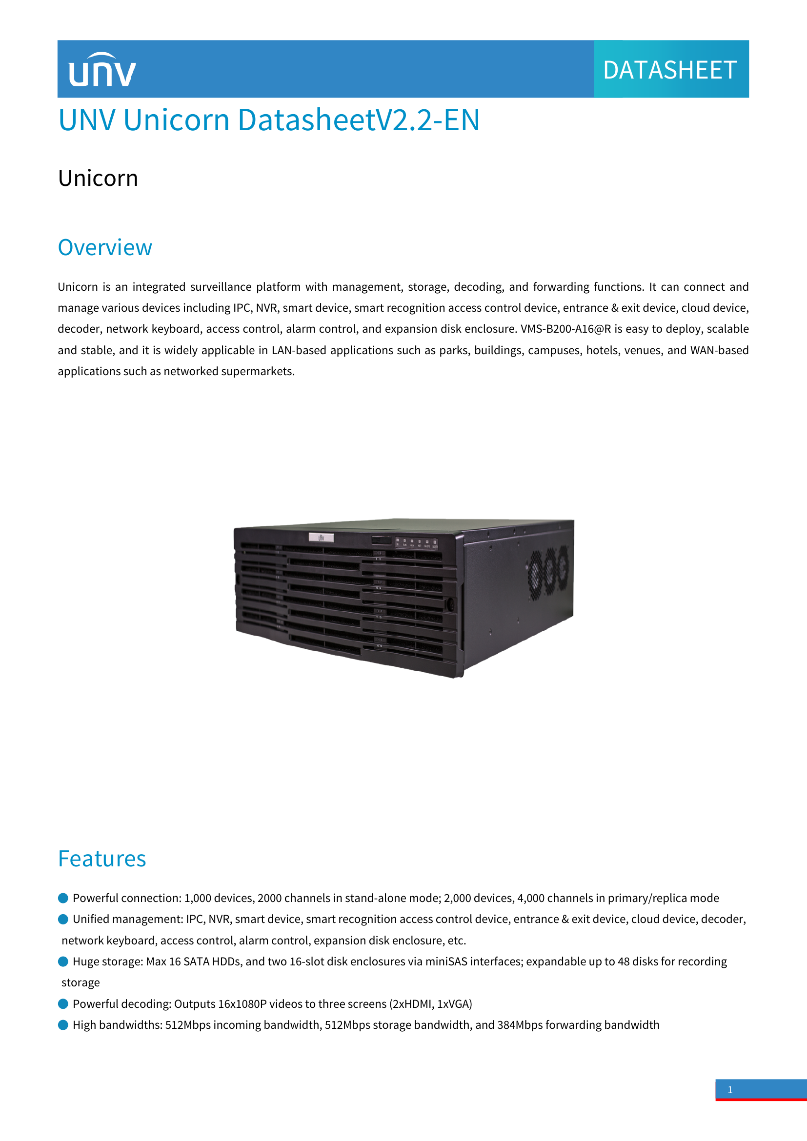 UNIVIEW Unicorn 2000‑CH‑16H • 4,000‑Channel Integrated Surveillance Server
