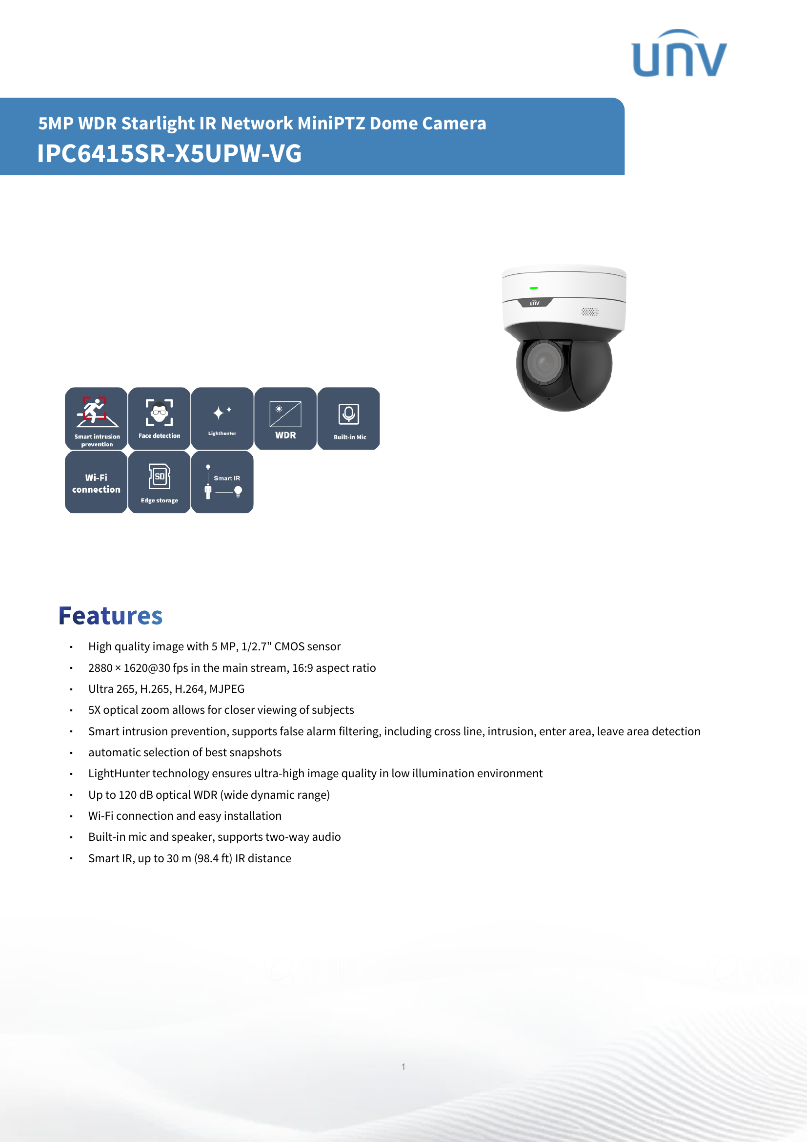 IPC6415SR-X5UPW-VG 2" Indoor Mini PTZ 5MP