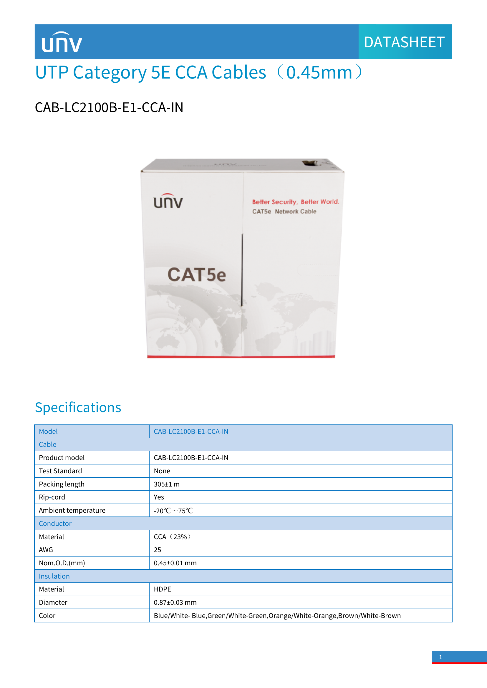 1000 ft Cat5e UTP Solid Cable – White, 24 AWG, 350 MHz