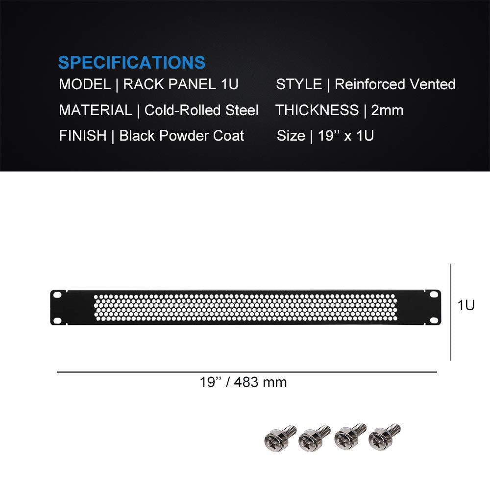 KENUCO Blank Rack Mount Panel Spacer with Venting for 19-Inch Server Network Rack Enclosure Or Cabinet Black