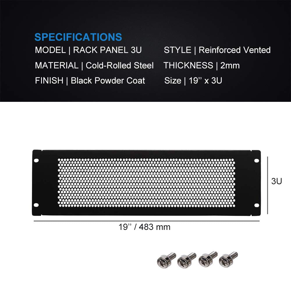 KENUCO Blank Rack Mount Panel Spacer with Venting for 19-Inch Server Network Rack Enclosure Or Cabinet Black