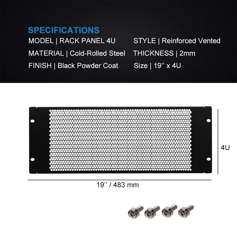 KENUCO Blank Rack Mount Panel Spacer with Venting for 19-Inch Server Network Rack Enclosure Or Cabinet Black