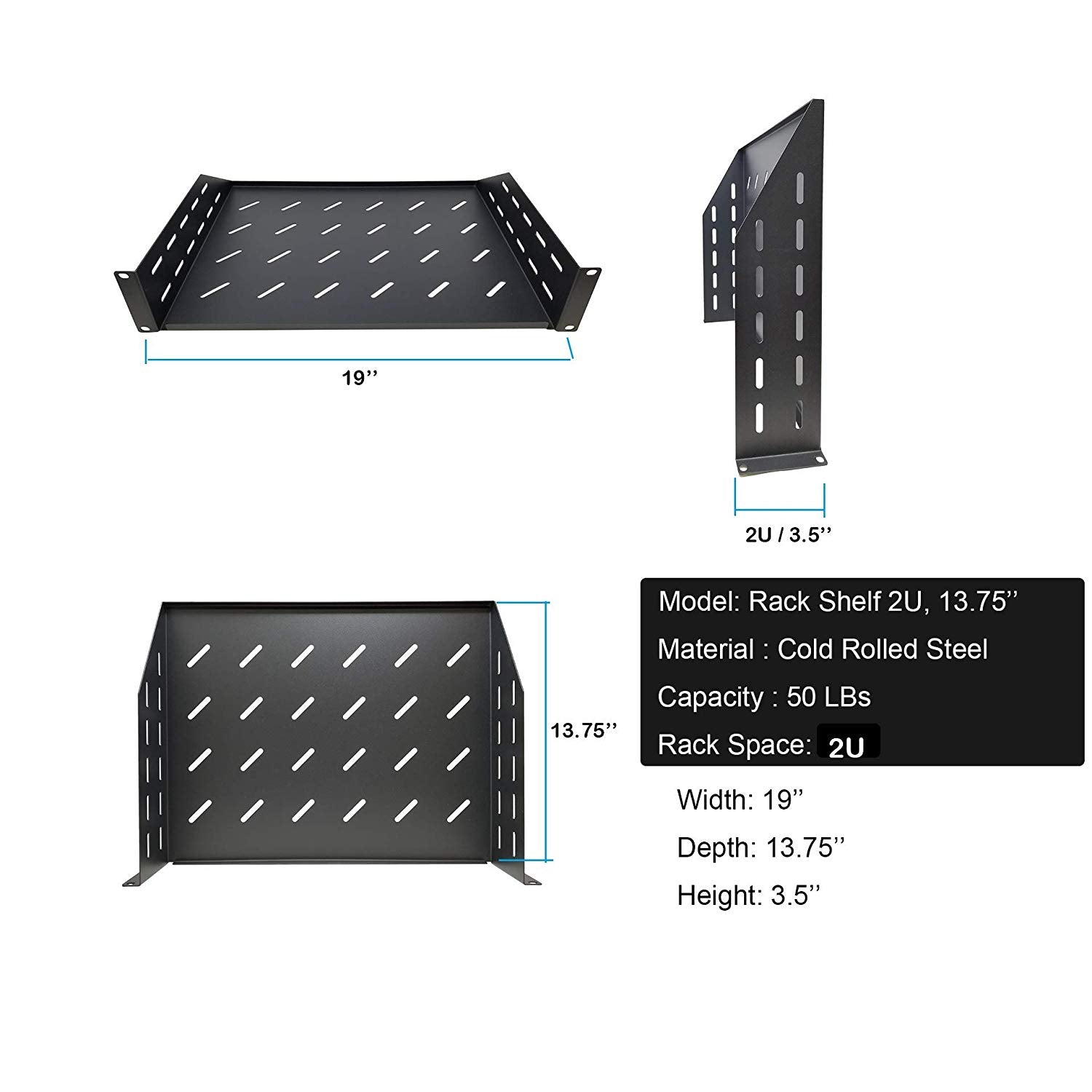 Kenuco Vented 19" Universal Rack Shelf | 13.75" Deep | Heavy-Duty | Steel