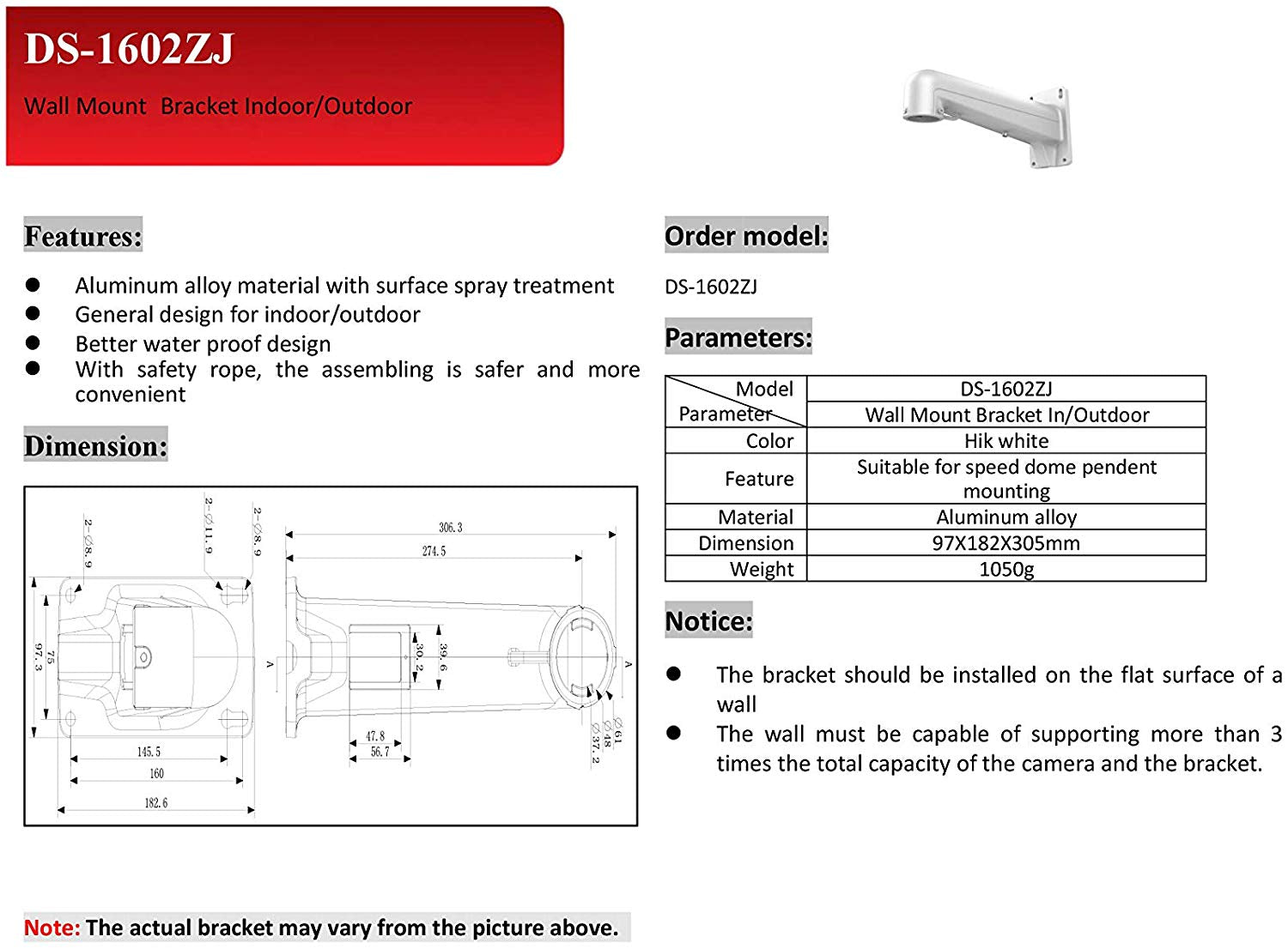 DS-1602ZJ Indoor/Outdoor Wall Mount Bracket for Hikvision PTZ